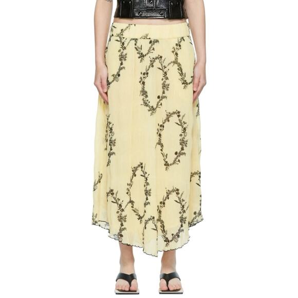NWT Ganni Georgette Floral Pleated Yellow Chiffon Midi Skirt 42 US 10/12